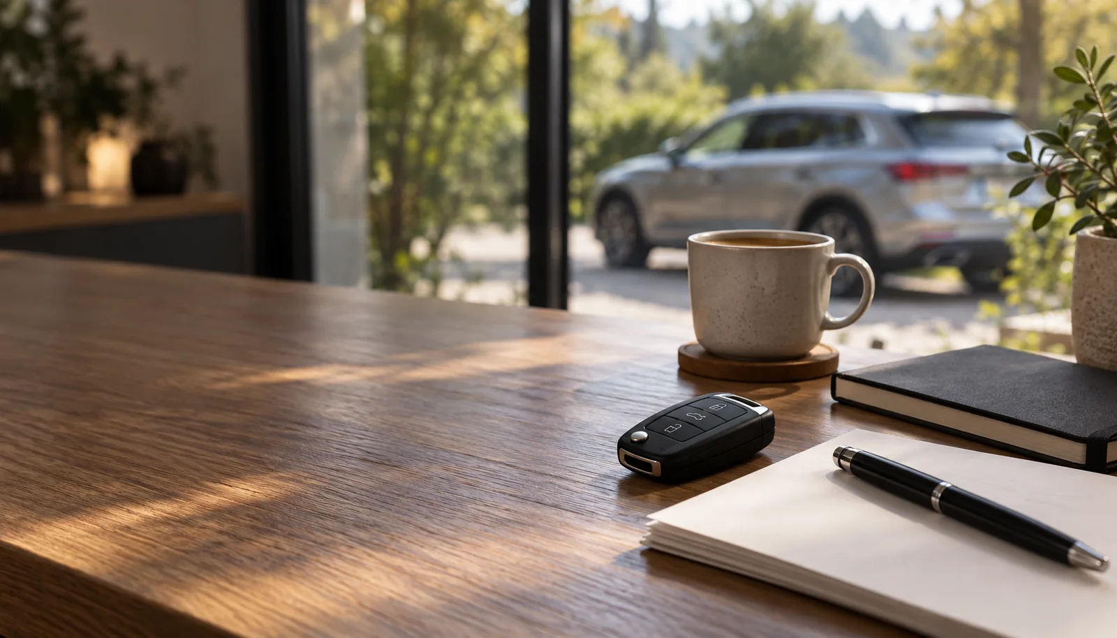 Illustration de clés, d’un carnet et de documents pour préparer un projet automobile